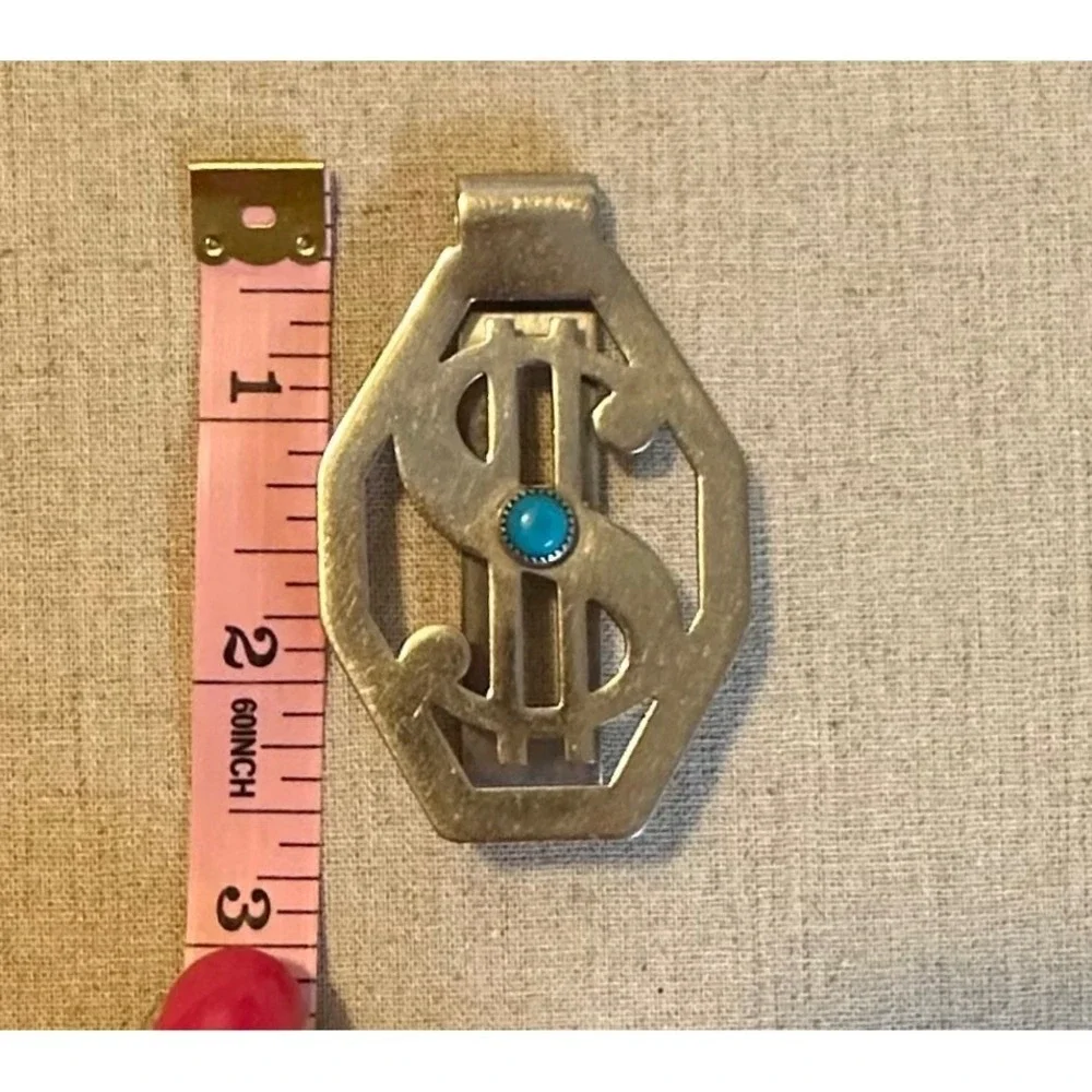Bell Trading Post VTG Nickel Silver Turquoise Dollar Sign Money Clip 2